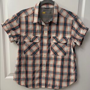 Eddie Bauer Women’s Short Sleeve Travex Hiking Plaid Shirt - Teal & Coral